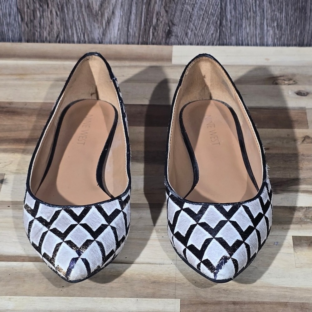 Nine West Pointed Toe Flats 5M Black White Diamond Print Cow Fur Leather Slip On